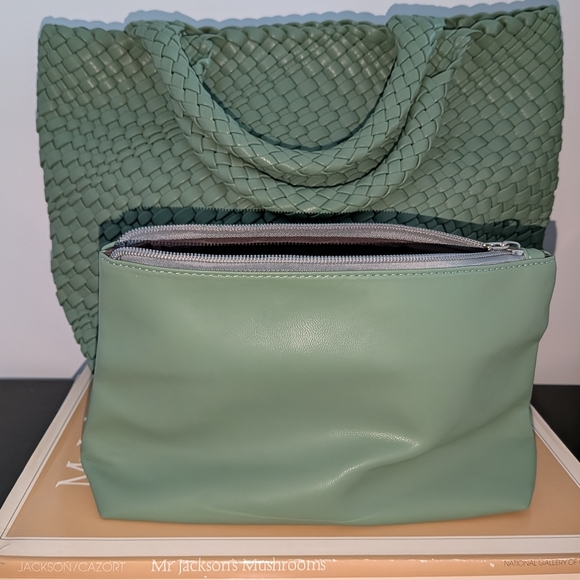 Handbags - Green Woven Vegan Tote Bag
